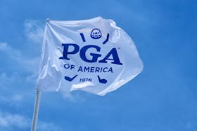 May 13, 2024; Louisville, Kentucky, USA; A PGA of America flag during a practice round for the PGA Championship golf tournament at Valhalla Golf Club. Mandatory Credit: Aaron Doster-USA TODAY Sports/File Photo