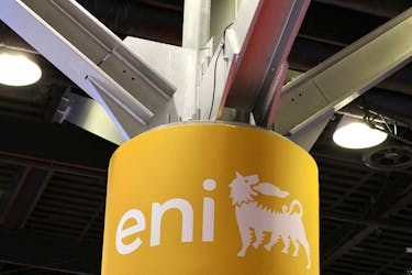 The logo of Italian multinational energy company Eni is displayed at their booth during the LNG 2023 energy trade show in Vancouver, British Columbia, Canada, July 12, 2023.