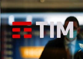 The Tim logo is seen at its headquarters in Rome, Italy November 22, 2021.