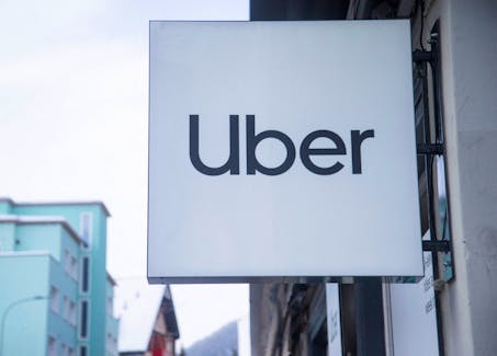 The logo of Uber is seen at a temporary showroom at the Promenade road during the World Economic Forum (WEF) 2023, in the Alpine resort of Davos, Switzerland, January 20, 2023.