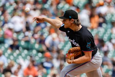May 15, 2024; Detroit, Michigan, USA; Miami Marlins pitcher Declan Cronin (51) pitches in the seventh inning against the Detroit Tigers at Comerica Park. Mandatory Credit: Rick Osentoski-USA TODAY Sports