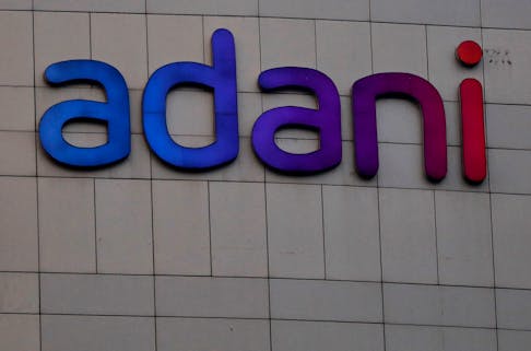 The logo of the Adani Group is seen on the facade of its Corporate House on the outskirts of Ahmedabad, India, January 27, 2023.