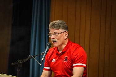 Gardiner MacDougall speaks during a news conference at the Aitken Centre in Fredericton on May 14. MacDougall, from Bedeque, P.E.I., officially retired as UNB men’s hockey head coach after 24 years during the news conference. - Evan Richtsfeld/UNB Athletics