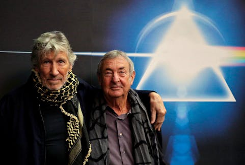 Band members Roger Waters (L) and Nick Mason pose before the unveiling of "The Pink Floyd Exhibition: Their Mortal Remains" at the Macro Museum in Rome, Italy January 16, 2018. 