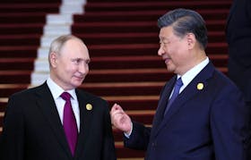 Russian President Vladimir Putin is welcomed by Chinese President Xi Jinping during a ceremony at the Belt and Road Forum in Beijing, China, October 17, 2023. Sputnik/Sergei Savostyanov/Pool via