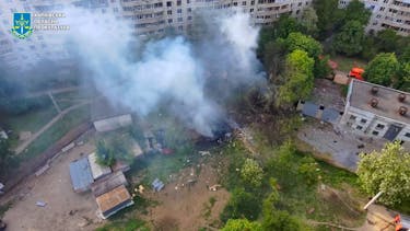 Smoke rises in the aftermath of a Russian strike, amid Russia's attack on Ukraine, in Kharkiv, Ukraine, May 14, 2024 in this still image taken from video.   Kharkiv Regional Prosecutor's Office/Handout via