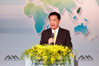 Taiwan's Foreign Minister Joseph Wu speaks during the Ketagalan forum in Taipei, Taiwan August 8, 2023.