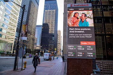 A screen shows stock information as Canada's main stock index, the Toronto Stock Exchange's S&P/TSX composite index, rose to a record high in late morning trade in Toronto, Ontario, Canada January 7, 2021. 