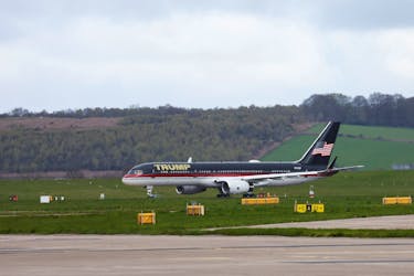 Former U.S. President and Republican presidential candidate Donald Trump's plane is seen at Aberdeen International Airport in Aberdeen, Britain May 1, 2023.