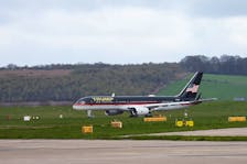 Former U.S. President and Republican presidential candidate Donald Trump's plane is seen at Aberdeen International Airport in Aberdeen, Britain May 1, 2023.