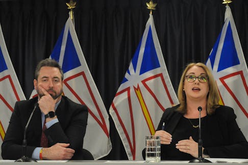 Industry, Energy and Technology Minister Andrew Parsons and Newfoundland and Labrador Hydro president Jennifer Williams held a news conference at the Confederation Building media centre on Thursday morning, May 16, to outline details of the provincial government’s rate-mitigation plan. Joe Gibbons • The Telegram