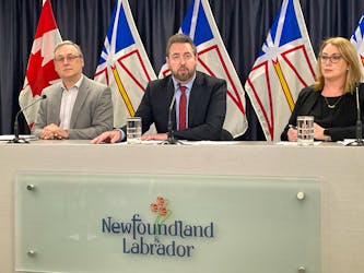 From the left, Craig Martin, assistant deputy minister Industry, Energy and Technology; Andrew Parson, Minister of Industry, Energy and Technology; and Jennifer Williams, President and CEO of Newfoundland and Labrador Hydro, discuss the finalization of the rate mitigation plan aimed at ensuring domestic residential power rate increases are capped at 2.25 per cent annually for cost recovery associated with the Muskrat Falls project.