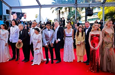 Director Francis Ford Coppola poses on the red carpet with cast members Jon Voight, D. B. Sweeney, Grace VanderWaal, Giancarlo Esposito, Aubrey Plaza,  Adam Driver, Nathalie Emmanuel, Laurence Fishburne, Talia Shire and Chloe Fineman during arrivals for the screening of the film "Megalopolis" in competition at the 77th Cannes Film Festival in Cannes, France, May 16, 2024.