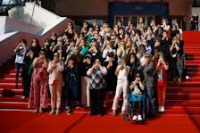 Judith Godreche, director of the short film "Moi Aussi" (Me Too), presented in the Official Selection 2024, and members of associations defending women who have suffered violence pose for a group photo, as part of the #MeToo movement in France, on the steps of the Festival Palace during the 77th Cannes Film Festival in Cannes, France, May 16, 2024.