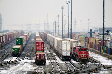 Trains are seen in the yard at the at the CN Rail Brampton Intermodal Terminal after Teamsters Canada union workers and Canadian National Railway Co. and failed to resolve contract issues, in Brampton, Ontario, Canada November 19, 2019. 