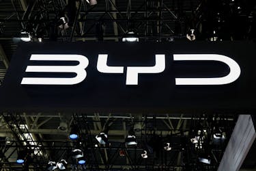 The BYD logo is displayed at the Beijing International Automotive Exhibition, or Auto China 2024, in Beijing, China, April 25, 2024.