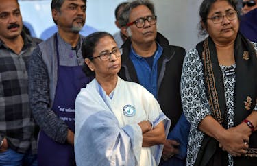 Mamata Banerjee, Chief Minister of West Bengal, wearing an anti-citizenship law badge attends a protest against the anti-citizenship law, in Kolkata, India, January 28, 2020.