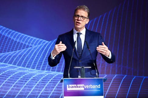 Christian Sewing, Chief Executive Officer of Deutsche Bank, speaks at Banking Day, a gathering of bankers hosted by Germany's Banks' Association, in Berlin, Germany, April 23, 2024.