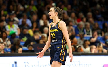 May 3, 2024; Dallas, Texas, USA; Indiana Fever guard Caitlin Clark (22) reacts during the second half against the Dallas Wings at College Park Center.  Mandatory Credit: Kevin Jairaj-USA TODAY Sports