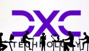 Figurines with computers and smartphones are seen in front of DXC logo in this illustration taken, February 19, 2024.