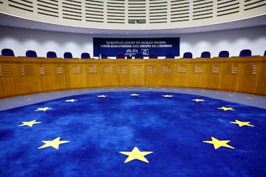 A general view shows the courtroom of the European Court of Human Rights who will hand out rulings on three climate cases, where applicants have argued that government inaction on climate change violates human rights, in Strasbourg, France, April 9, 2024.