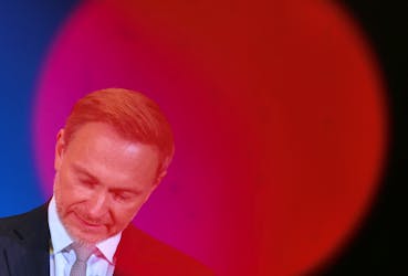 German Finance Minister Christian Lindner is pictured next to the recording light of a TV camera as he presents Germany’s new tax revenue estimates in Berlin, Germany, October 26, 2023.     