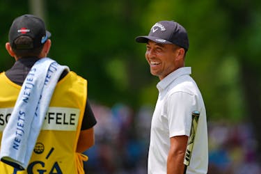 May 16, 2024; Louisville, Kentucky, USA; Xander Schauffele smiles on the eighth green during the first round of the PGA Championship golf tournament at Valhalla Golf Club. Mandatory Credit: Aaron Doster-USA TODAY Sports