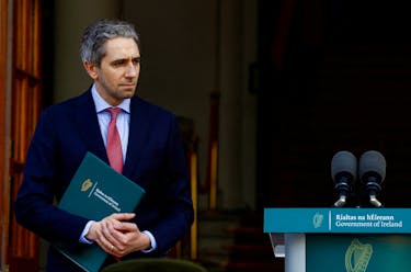 Ireland's Taoiseach (Prime Minister) Simon Harris stands on the day of his meeting with Spain's Prime Minister Pedro Sanchez to discuss recognising the Palestinian state, in Dublin, Ireland, April 12, 2024.