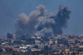 Smoke rises from an explosion following an Israeli airstrike in northern Gaza, near the Israel-Gaza border, amid the ongoing conflict between Israel and the Palestinian Islamist group Hamas, as seen from Israel, May 16, 2024.