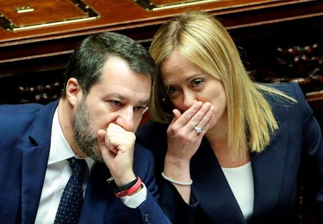 Italy's Prime Minister Giorgia Meloni and Deputy Prime Minister and Infrastructure Minister Matteo Salvini attend the lower house of parliament ahead of a confidence vote for the new government, in Rome, Italy, October 25, 2022.