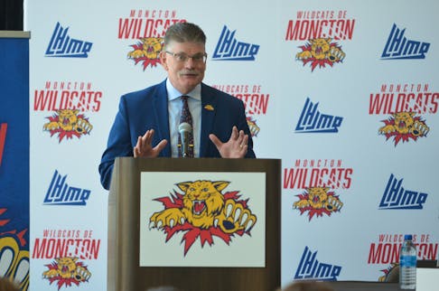 Gardiner MacDougall addresses a news conference at the Avenir Centre in Moncton, N.B., on May 15. MacDougall, who is from Bedeque, P.E.I., was introduced as new head coach of the Moncton Wildcats of the Quebec Maritimes Junior Hockey League. Jason Simmonds • The Guardian