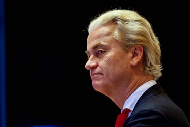 Dutch far-right politician and leader of the PVV party Geert Wilders attends a meeting of Dutch parties' lead candidates, for the first time after elections, in which far-right politician Geert Wilders booked major gains, to begin coalition talks in The Hague, Netherlands, November 24, 2023.