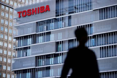 The logo of Toshiba Corp is displayed at the company's building in Kawasaki, Japan, April 5, 2023.