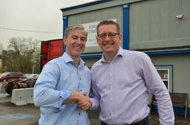 Premier Tim Houston, left, visited the riding of Kings West with MLA Chris Palmer on May 9. The premier met with constituents, businesses, and organizations, and took the opportunity to see progress being made on major capital projects. KIRK STARRATT