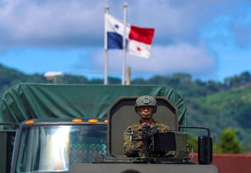 A member of the Panamanian security forces attends the launching ceremony of operation Choco at Nicanor Air Base, after the Panamanian government deployed on Friday at its border with Colombia to fight organized crime and human smuggling linked to the growing flow of migrants crossing the dangerous jungle of the Darien Gap, Panama June 2, 2023.