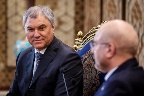 Iranian Parliament Speaker Mohammad Baqer Qalibaf (Not pictured) meets with Russian State Duma Chairman Vyacheslav Volodin in Tehran, Iran, January 23, 2023. Iranian Parliament website/WANA (West Asia News Agency)/Handout via