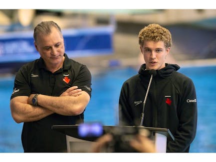 WINDSOR, ON. Wednesday, May 15, 2024 -- Rylan Weins, 2021 Olympian Diver in Tokyo, speaks ahead of the Canadian Diving Trials at the Windsor International Aquatic and Training Centre on Wednesday, May 15, 2024.