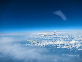 Two Royal Air Force (RAF) Typhoons from 1 (fighter) Squadron were scrambled to intercept a Russian Tu-214 aircraft. The Typhoons are deployed in Estonia as part of NATO's Baltic Air Policing mission OP AZOTIZE, July 4, 2023. UK MOD Crown copyright 2023/Handout via