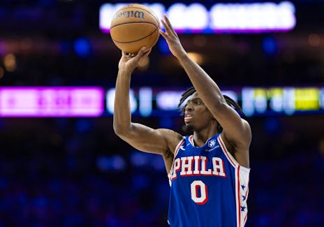 May 2, 2024; Philadelphia, Pennsylvania, USA; Philadelphia 76ers guard Tyrese Maxey (0) shoots the ball against the New York Knicks during the second half of game six of the first round for the 2024 NBA playoffs at Wells Fargo Center. Mandatory Credit: Bill Streicher-USA TODAY Sports