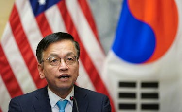 Korean Finance Minister Choi Sang-mok speaks during a trilateral meeting with U.S. Treasury Secretary Janet Yellen and Japanese Finance Minister Shunichi Suzuki on the sidelines of the IMF/G20 meetings, at the U.S. Treasury in Washington, U.S., April 17, 2024. 
