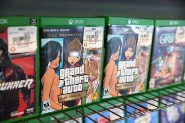 Grand Theft Auto The Trilogy by Take-Two Interactive Software Inc is seen for sale in a store in Manhattan, New York City, U.S., February 7, 2022.