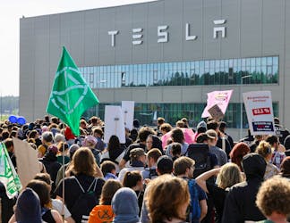 Demonstrators protest against the expansion of the Tesla Gigafactory, in Gruenheide near Berlin, Germany, May 11, 2024.
