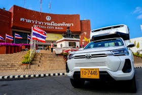 A fully-electric Toyota Hilux Revo pickup truck as a public transportation vehicle is seen in the Thai seaside town of Pattaya, Chonburi province, Thailand, April 25, 2024.