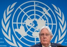 Martin Griffiths, Under-Secretary-General for Humanitarian Affairs and Emergency Relief Coordinator briefs media on the launch of the funding appeal to support conflict-torn Sudan in 2024 at the United Nations European headquarters in Geneva, Switzerland, February 7, 2024.