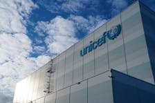 A view shows the logo on the exterior of UNICEF's humanitarian warehouse in Copenhagen, Denmark, November 15, 2023.