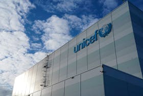 A view shows the logo on the exterior of UNICEF's humanitarian warehouse in Copenhagen, Denmark, November 15, 2023.