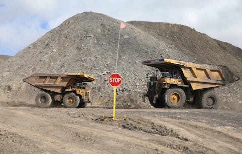 Dump trucks haul coal and sediment at the Black Butte coal mine outside Rock Springs, Wyoming, U.S. April 4, 2017. 