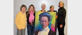 Members of the “Pink Couch Collective” — (left to right) Dr. Margaret Casey, Jo Napier, Kim Milan, Elissa Barnard, and Dr. Katharina Kieser — with their commissioned portrait of Dr. Jennie Smillie, Canada’s first female surgeon, as it was installed at the QEII’s gynecologic oncology waiting room. The painting is part of Jo Napier’s Great Women Portrait Project and now makes the waiting room a little bit brighter for patients and the healthcare team.
