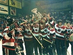 Members of the Ottawa 67’s lift the Memorial Cup over their heads in celebration after beating the Kitchener Rangers in the championship game on May 19, 1984, in Kitchener, Ont. John Hanna of Howie Centre was part of the winning team. CONTRIBUTED/PAUL LATOUR, POSTMEDIA, OTTAWA CITIZEN