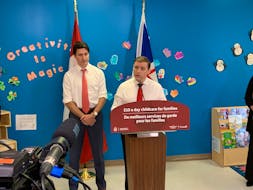Premier Andrew Furey, right, and Prime Minister Justin Trudeau attend a $10/day childcare announcement in Newfoundland in 2023. -Barb Dean-Simmons/SaltWire file photo